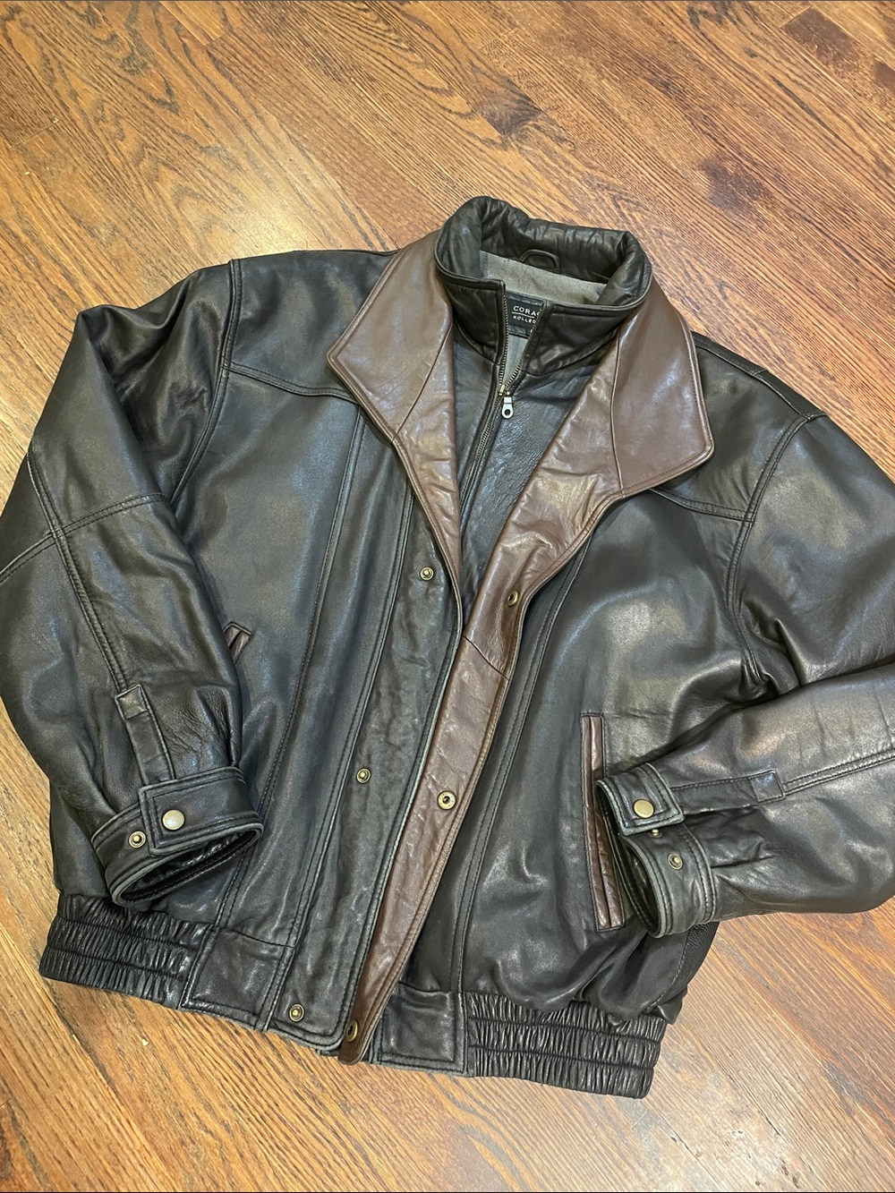 Vintage Black Butter Leather Bomber Jacket with Brown Trim Medium